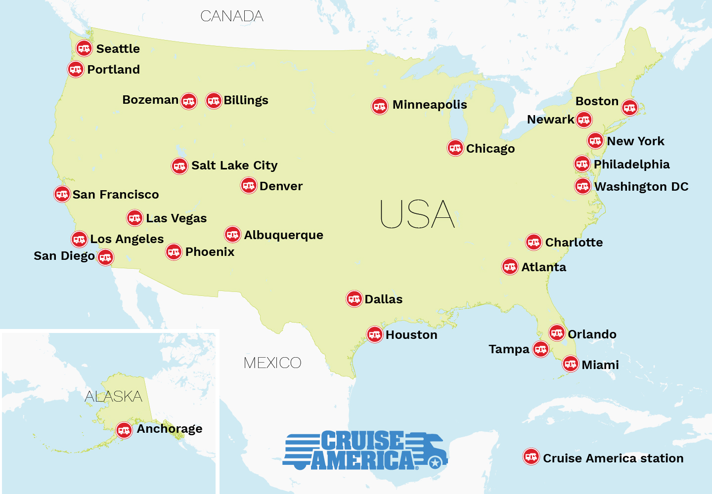 Cruise America leiestasjoner i USA