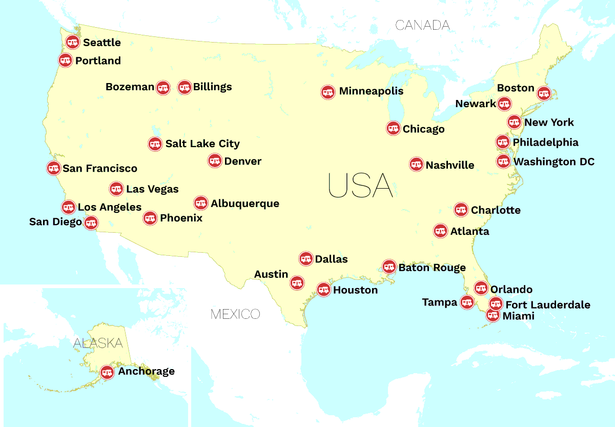 Kart med leiestasjoner i USA